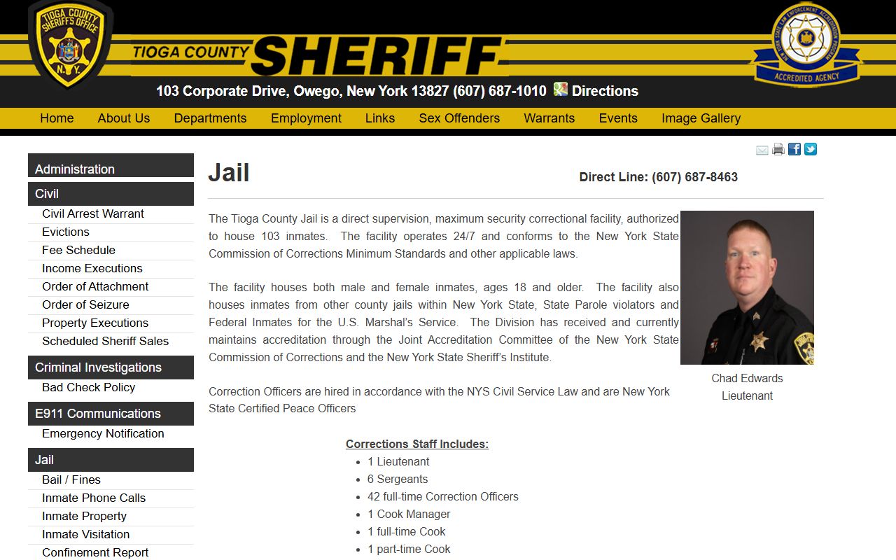 Tioga County Jail inmate custody overview from the sheriff corrections page