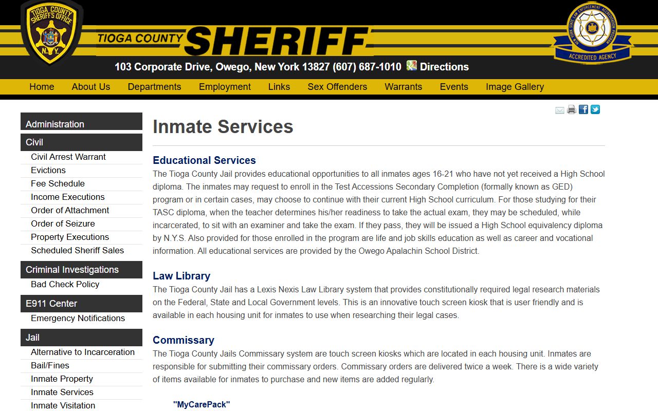 Tioga County Jail inmate services programs and reentry resources