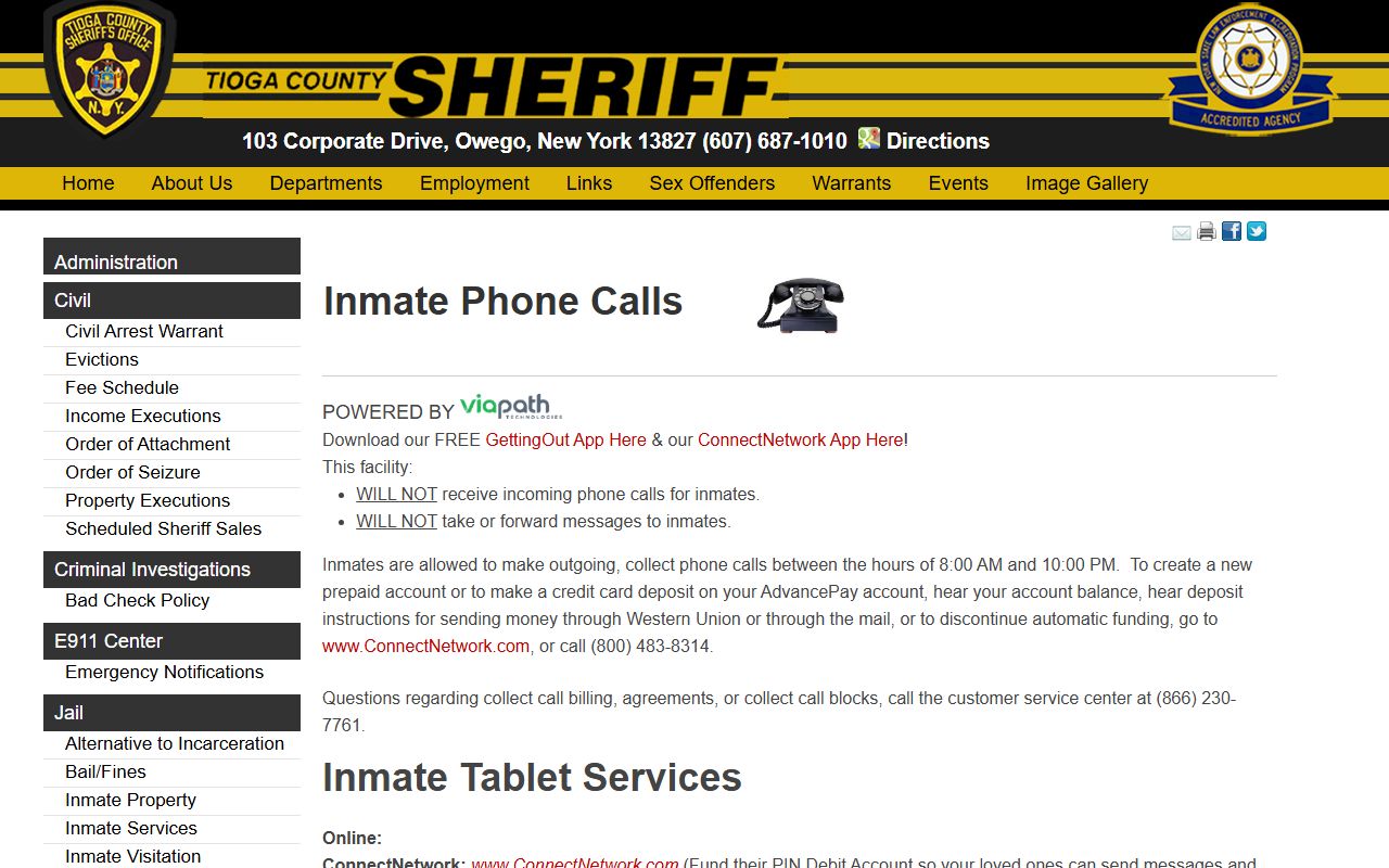 Tioga County Jail inmate phone mail and tablet service instructions