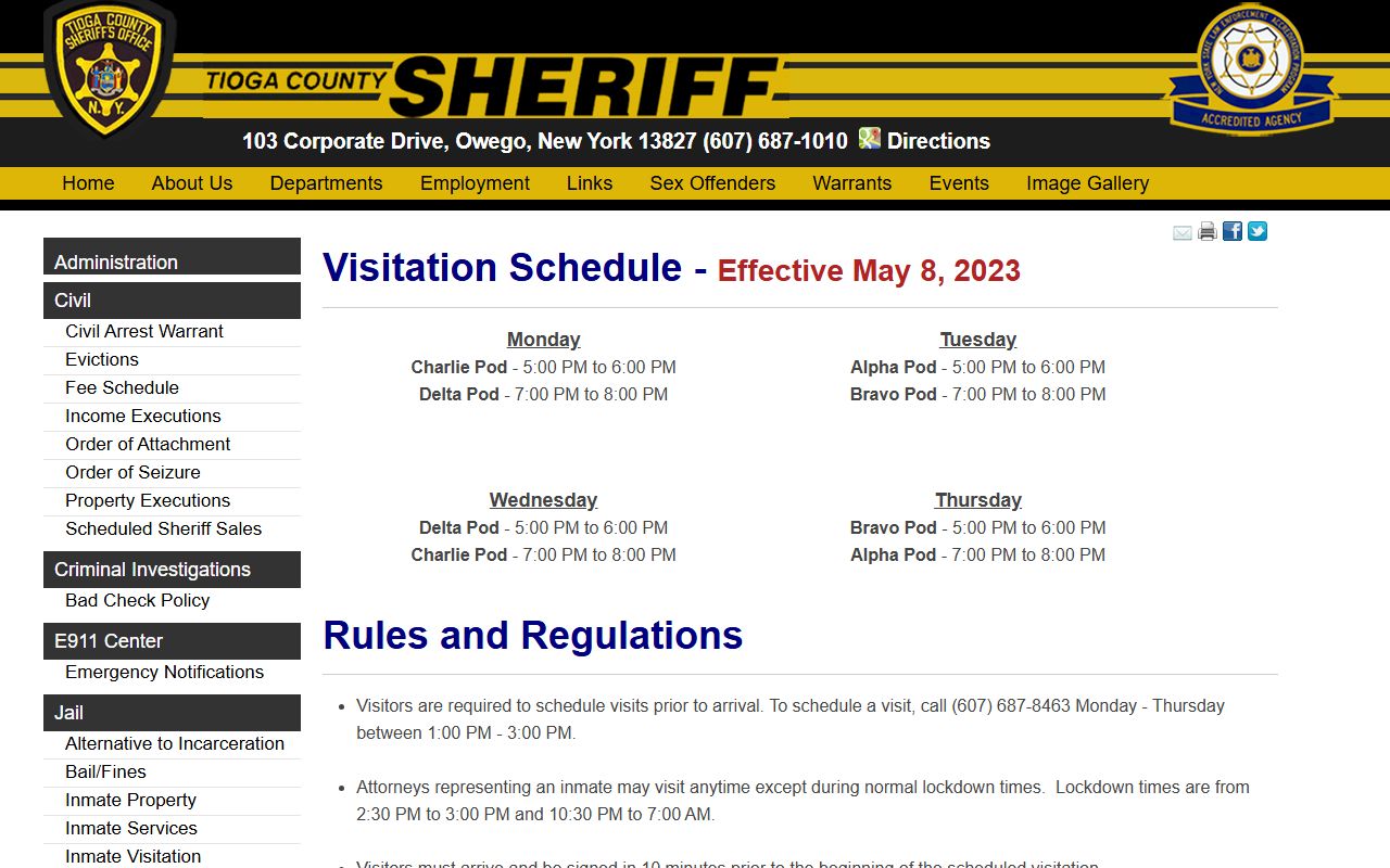 Tioga County Jail visitation schedule by inmate housing pod